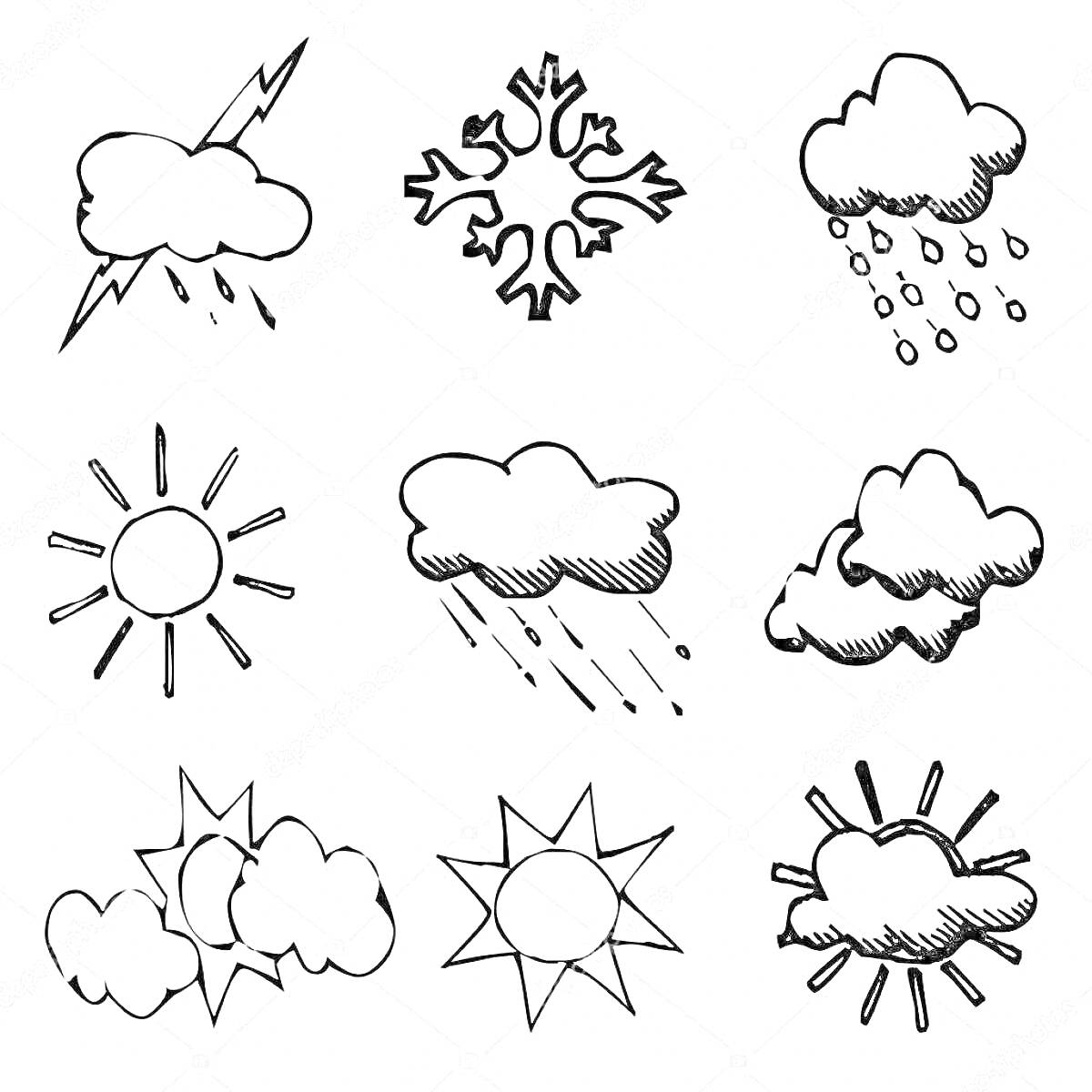 Комбинированные погодные явления (облако с молнией, снежинка, облако с дождем, солнце, облако с дождем, облака, солнце с облаками, солнце, облако с солнцем)