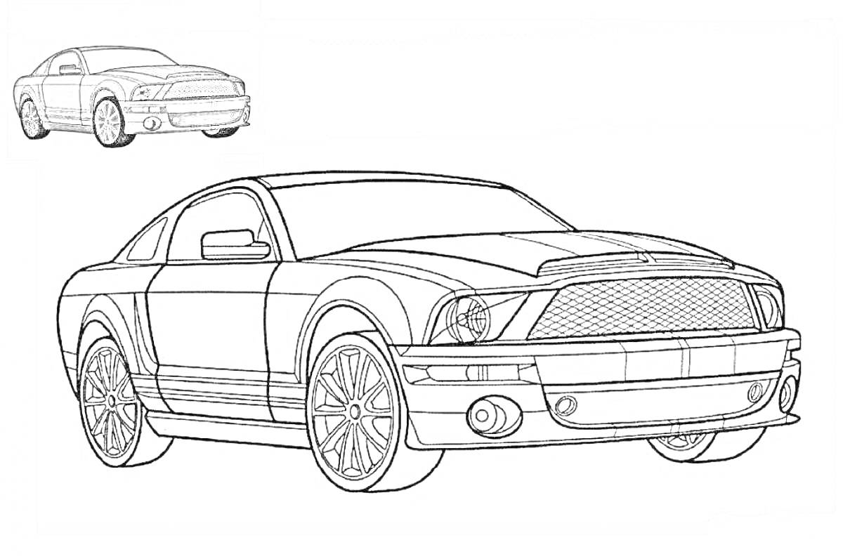 Раскраска Легковой автомобиль с массивной передней решеткой, большими колесами и спортивным дизайном