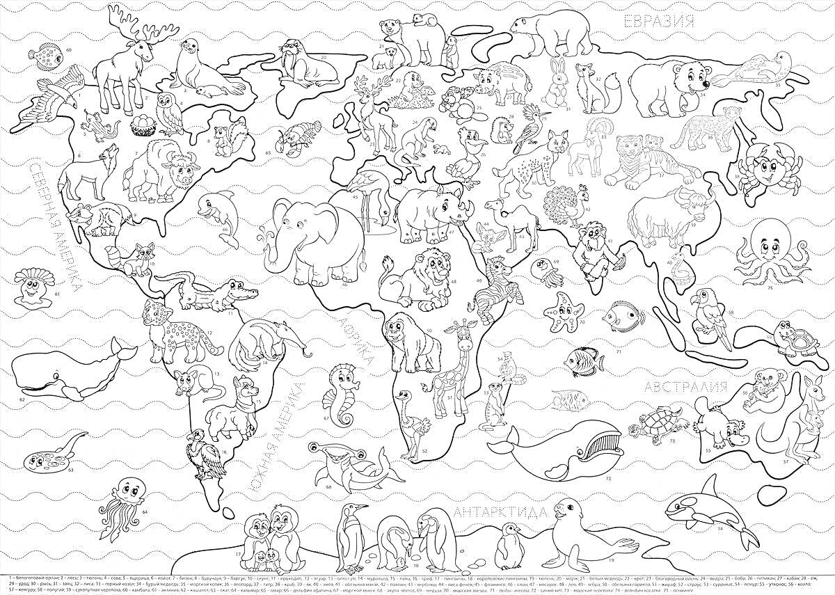 На раскраске изображено: Карта, Животные, Континенты, Мир, Азия, Европа, Африка, Северная Америка, Южная Америка, Австралия, Антарктика, Океаны