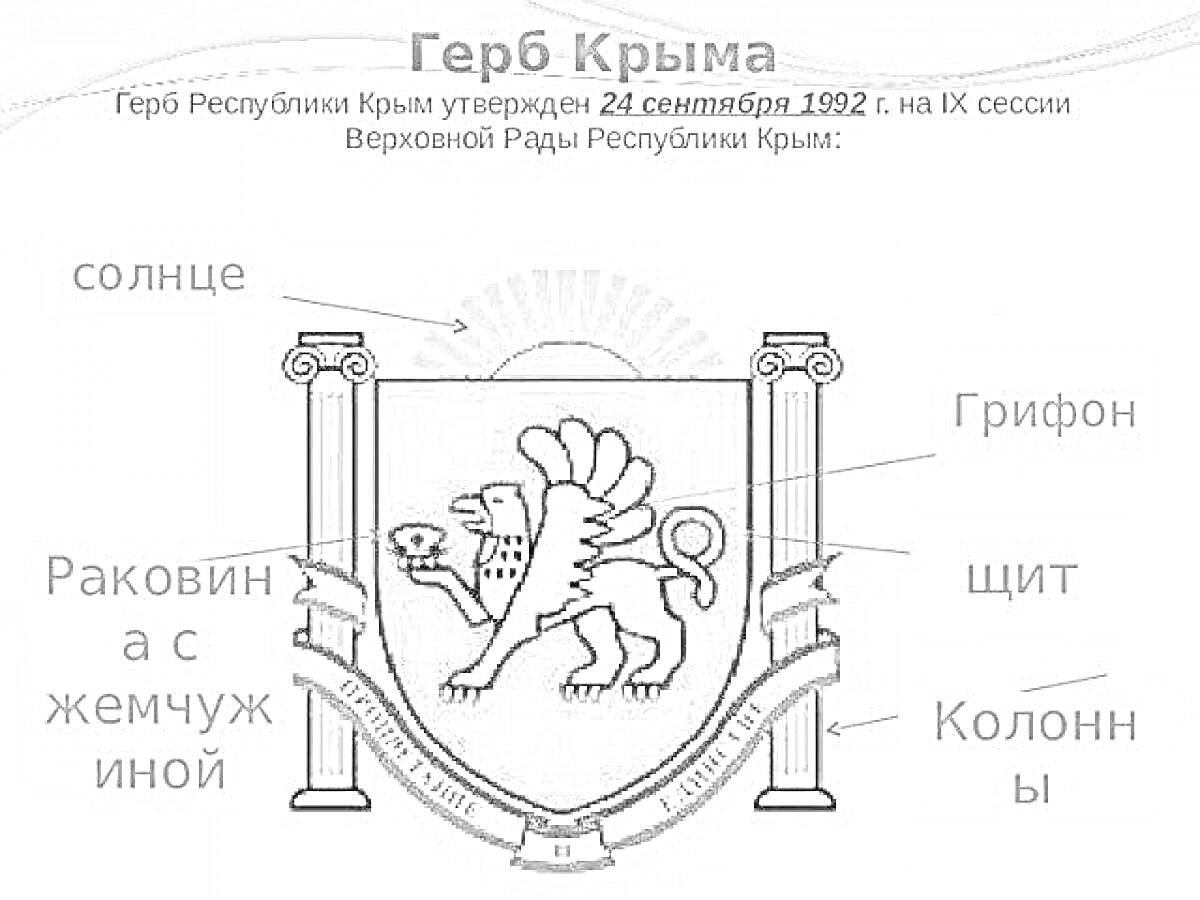 Раскраска Герб Республики Крым с символами: солнце, грифон, раковина с жемчужиной, щит, колонны