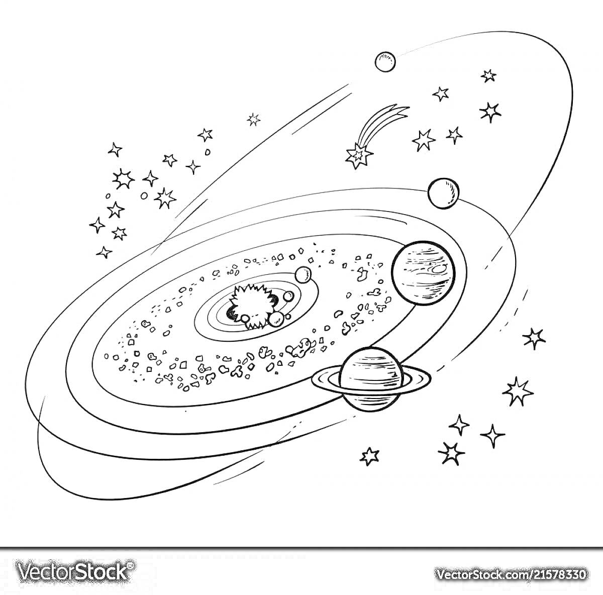 На раскраске изображено: Космос, Планеты, Солнечная система, Комета, Звезды, Астероиды, Галактика, Астрономия, Орбиты