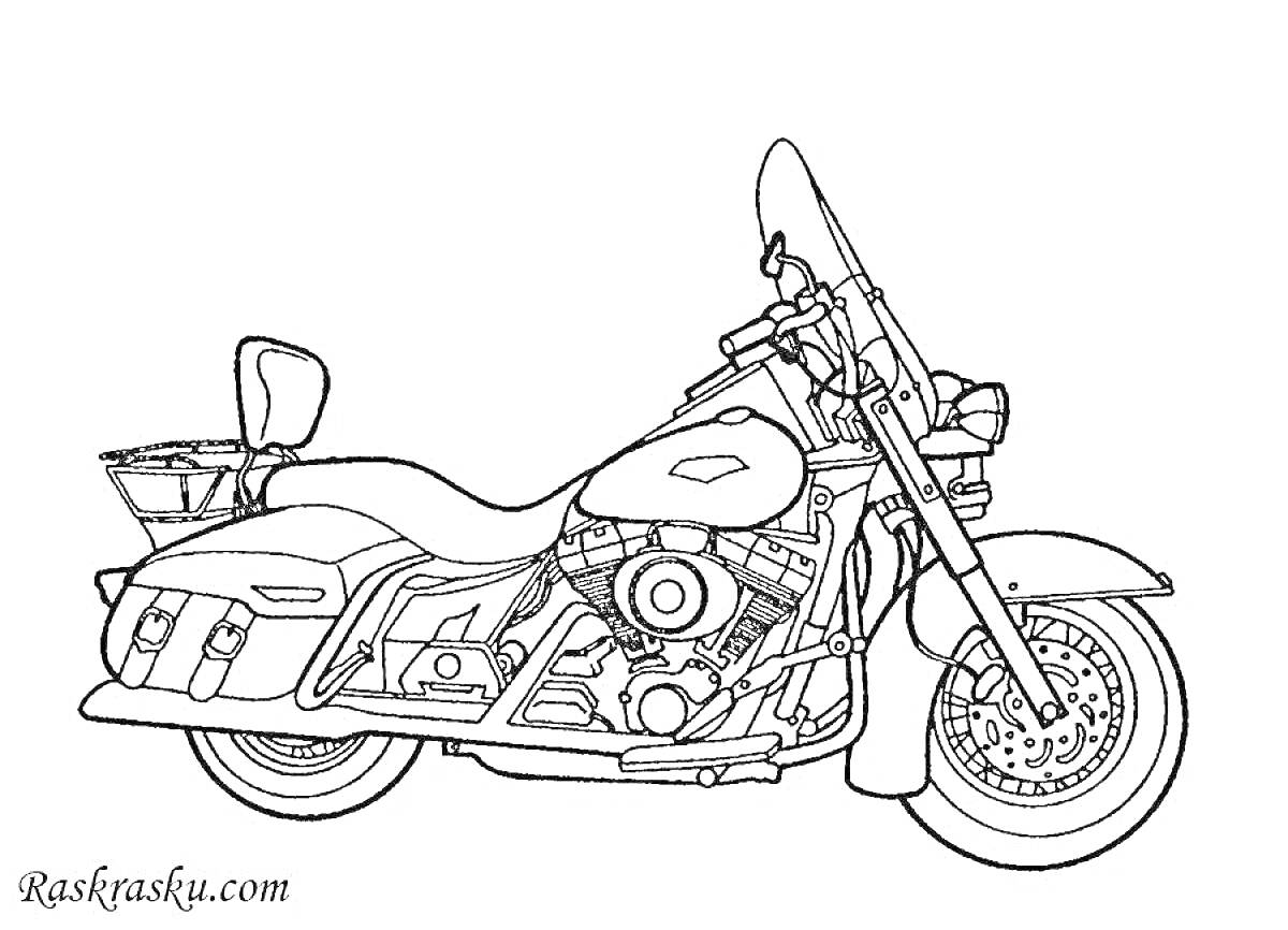На раскраске изображено: Мотоцикл, Полицейский мотоцикл, Багажник, Колёса, Транспорт, Мотор