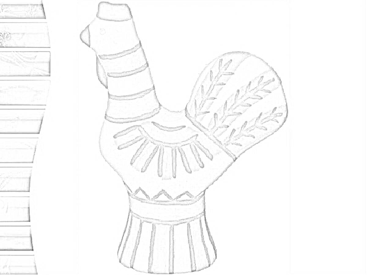 Раскраска Филимоновский петушок с узорами на теле и хвосте, стоящий боком