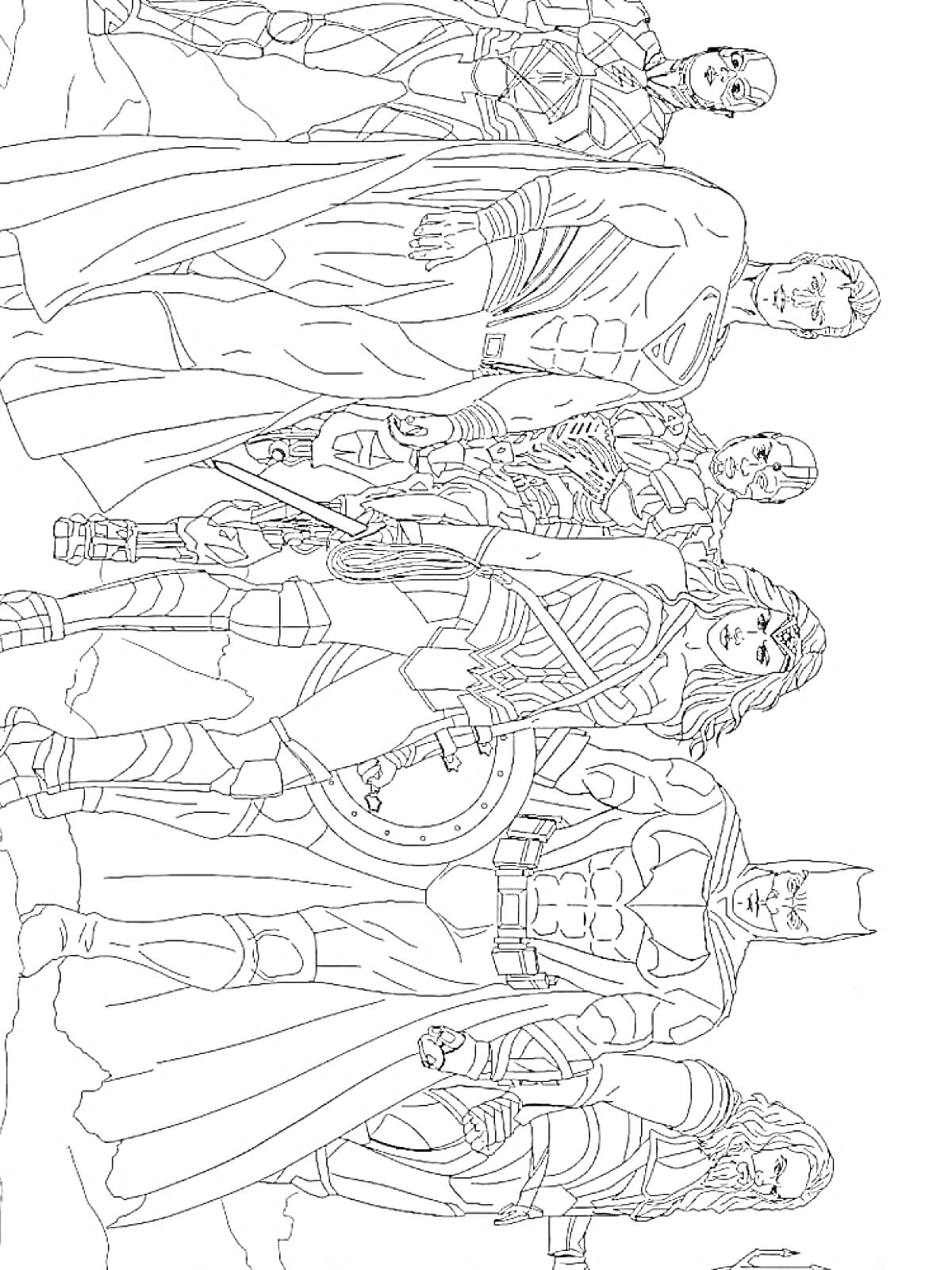 На раскраске изображено: Лига Справедливости, Супермен, Бэтмен, Чудо-женщина, Аквамен, Флэш, Киборг, Супергерои, Комиксы