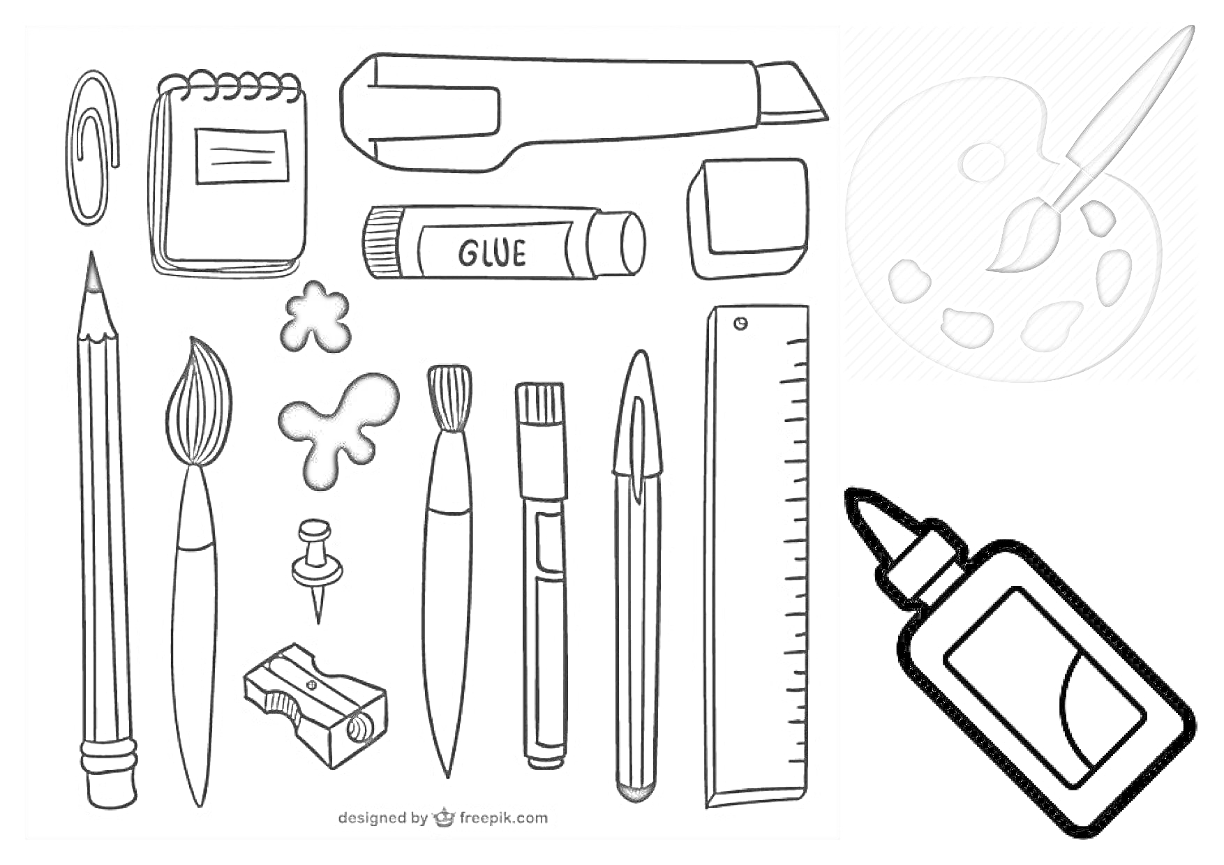 Раскраска Канцелярия для девочек - блокнот, скрепка, карандаш, кисть, зажим для бумаги, скрепка-бабочка, кнопка, ластик, маркер, клей, линейка, кисть и палитра, клей в тюбике, точилка