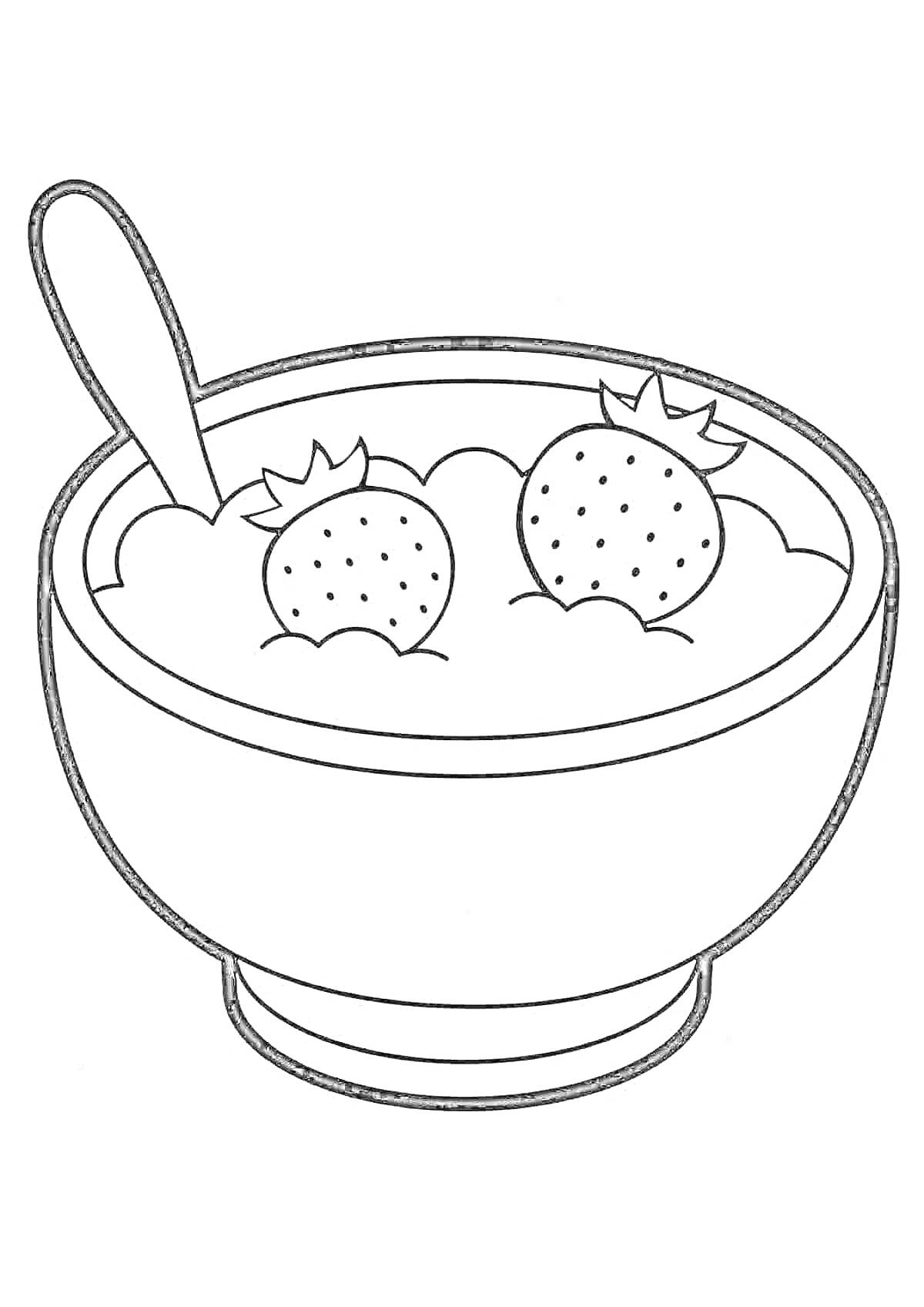 Раскраска Каша в миске с клубникой и ложкой