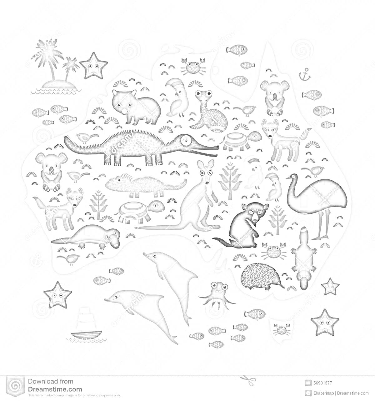 На раскраске изображено: Австралия, Животные, Крокодилы, Коалы, Кенгуру, Эму, Ящерицы, Дельфины, Осьминоги, Пальмы, Звезды