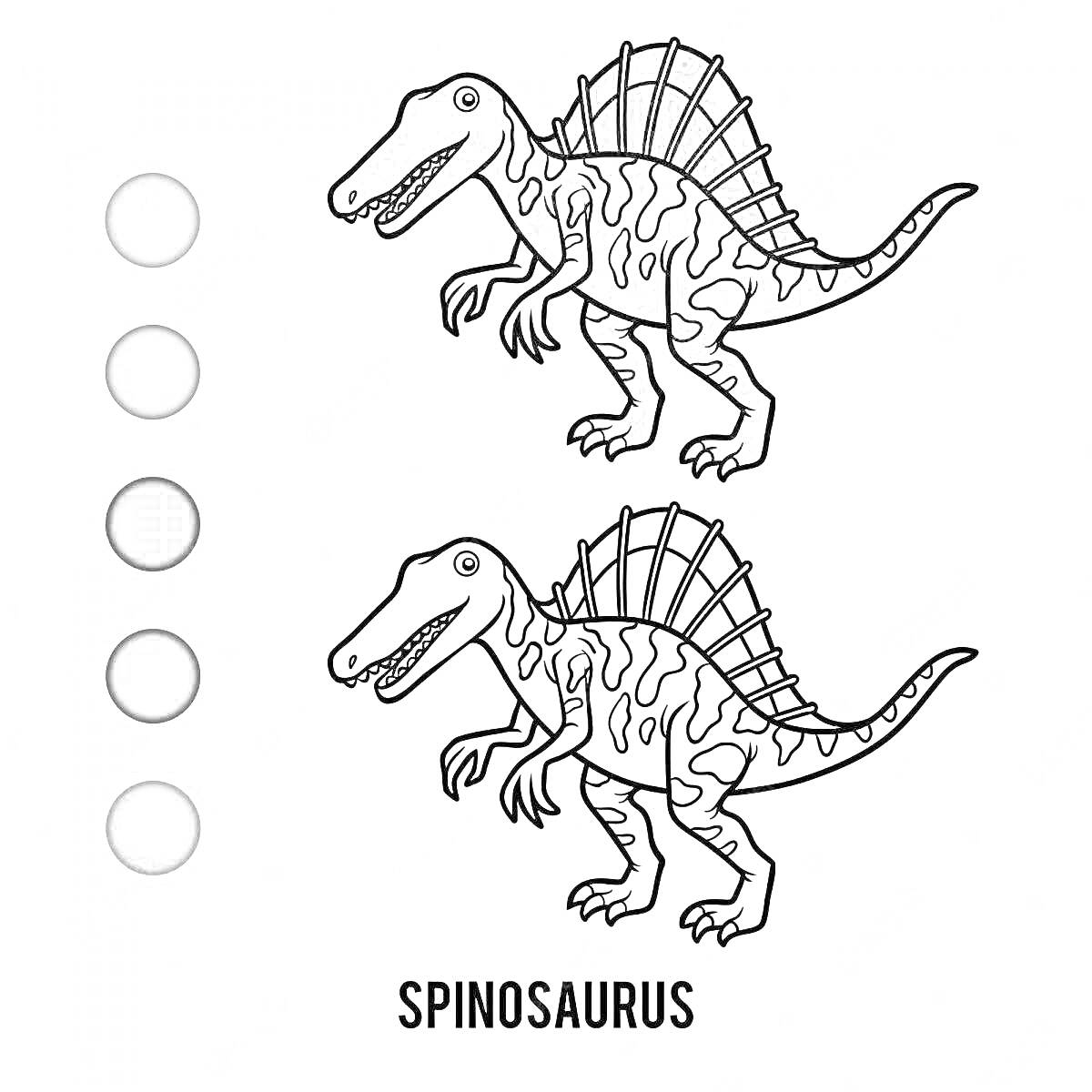 На раскраске изображено: Спинозавр, Динозавр, Животные, Творчество, Обучение