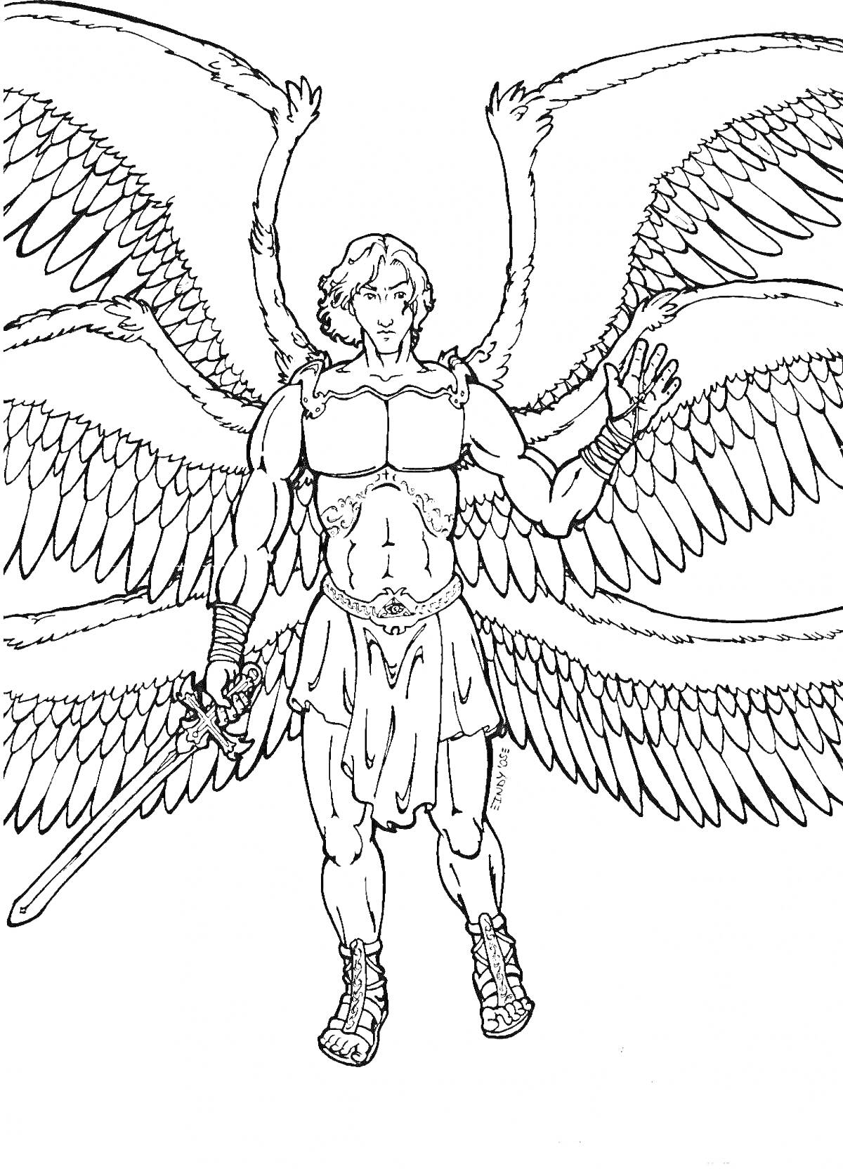 Раскраска Архангел Михаил в боевых доспехах с шестью крыльями