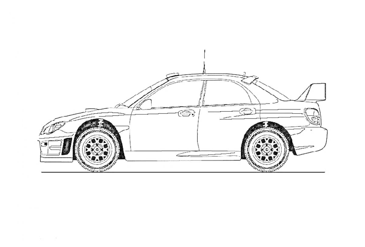 На раскраске изображено: Subaru, Антикрыло, Колёса, Кузов, Спорткар
