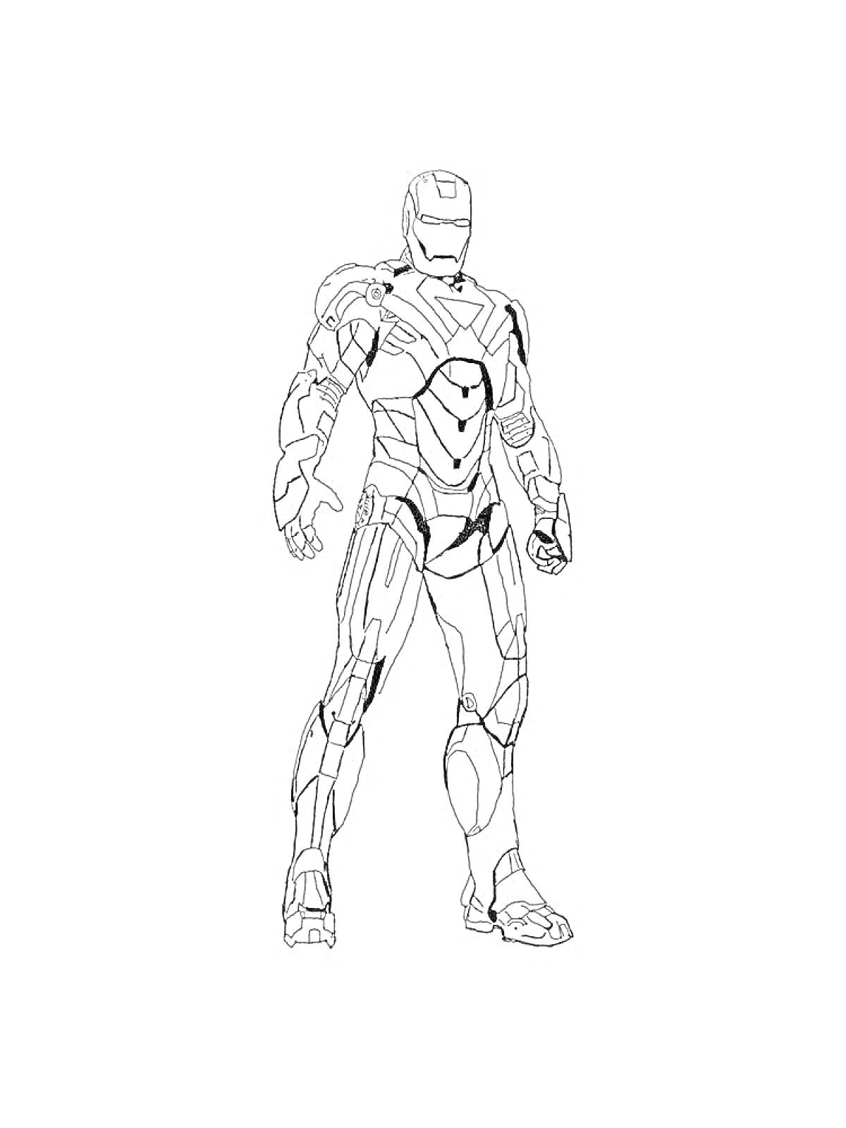 Раскраска Железный Человек, стоящий в боевой стойке, в бронированном костюме.