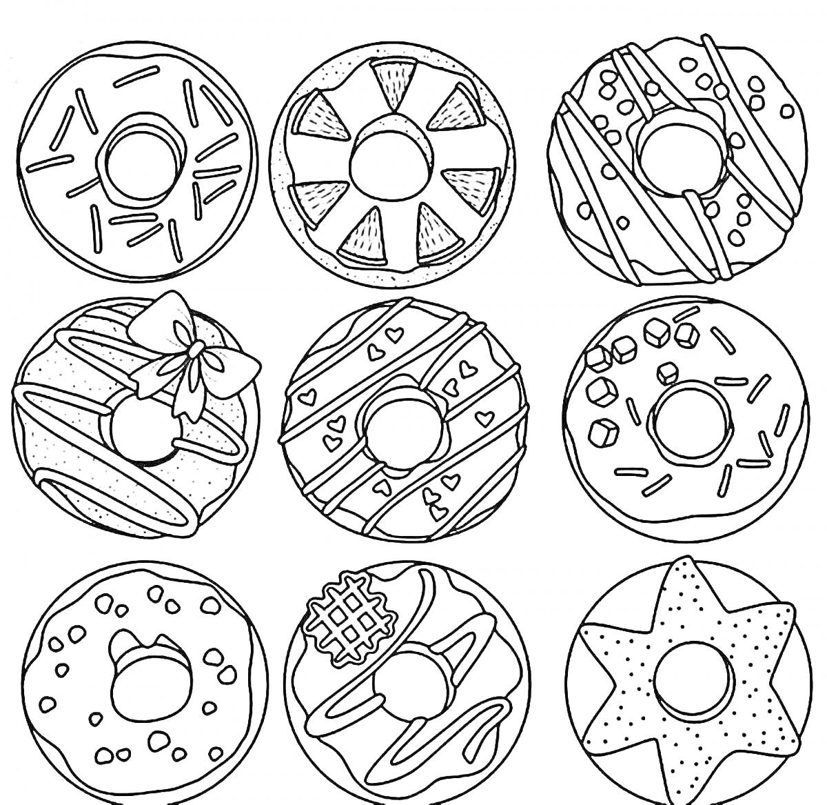 Раскраска Девять пончиков с различными украшениями - посыпка, глазурь, розетка, квадратики, полоски, звездочка