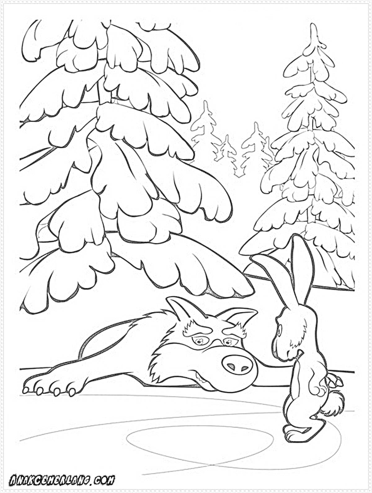 На раскраске изображено: Зимний лес, Волк, Заяц, Снег, Деревья, Хвойные деревья, Природа, Звери