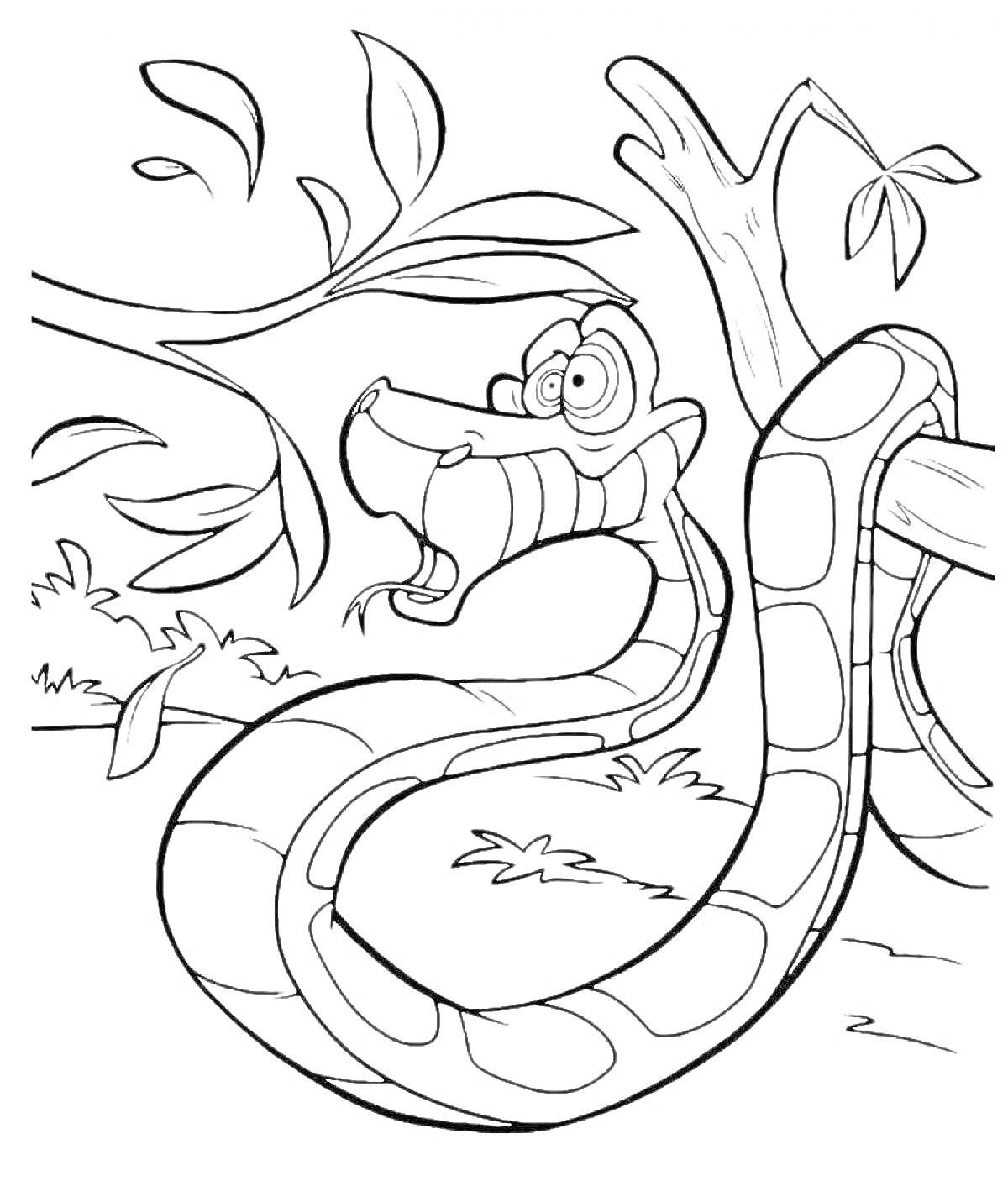 Раскраска Змея на дереве со смеющимся лицом и листьями вокруг