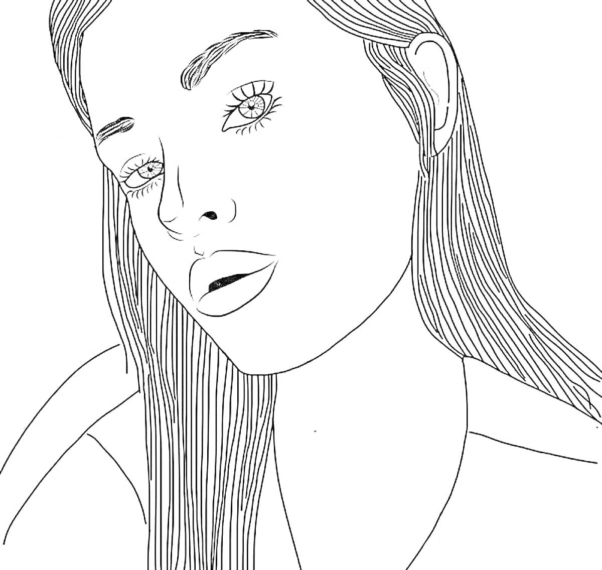 Раскраска Лицо девушки с длинными распущенными волосами, с наклоненной головой, подчеркнутыми глазами и ресницами