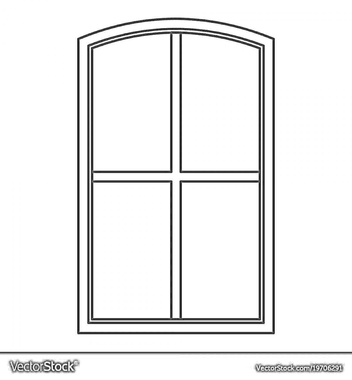 Раскраска Прямоугольное окно с арочным верхом и перекрестными рамами