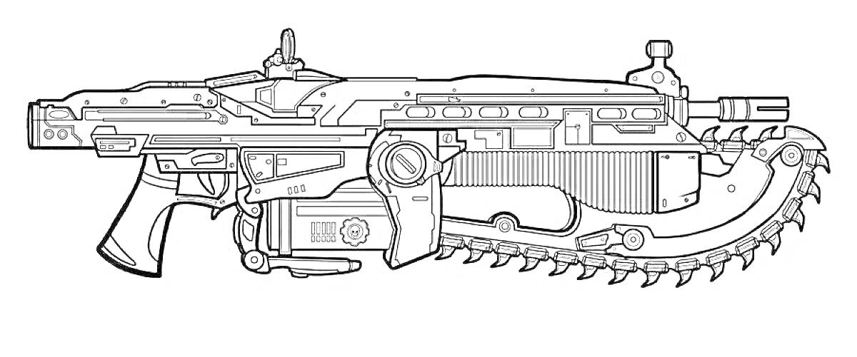 Раскраска Пулемет с пистолетной рукояткой и встроенной цепной пилой