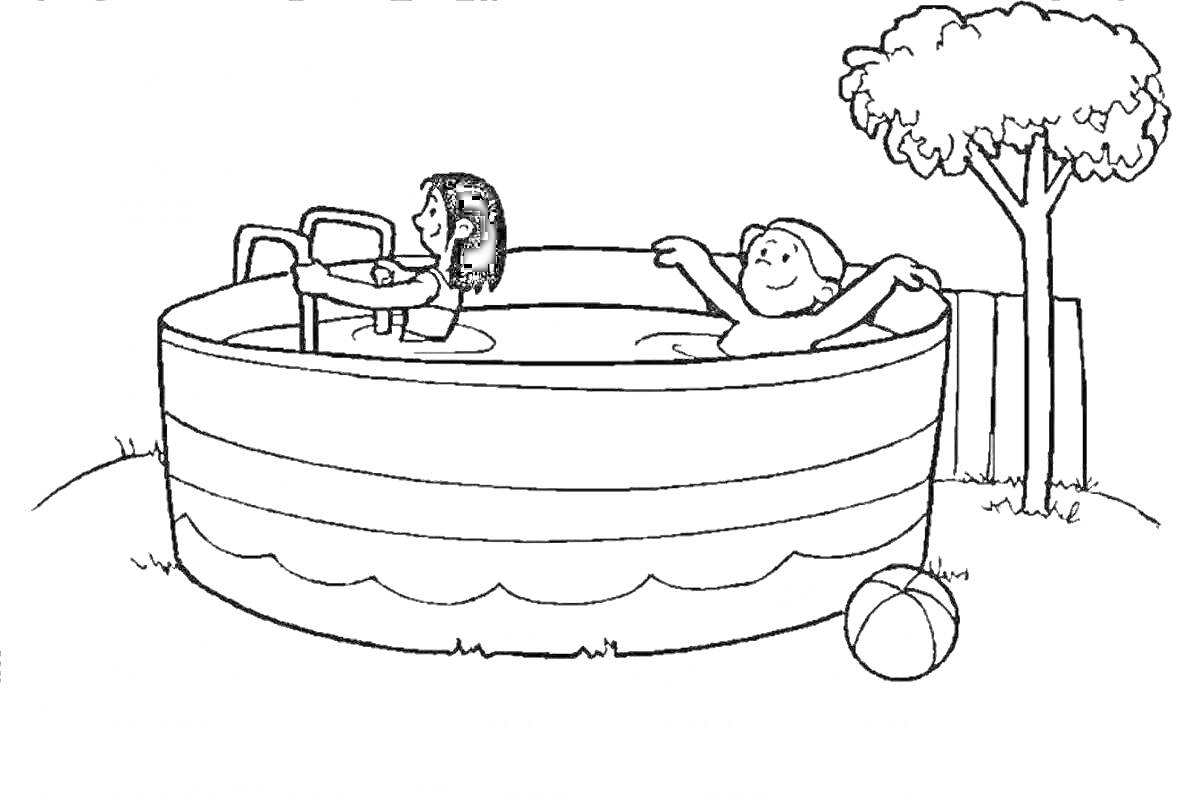 На раскраске изображено: Надувной бассейн, Лето, Плавание, Отдых