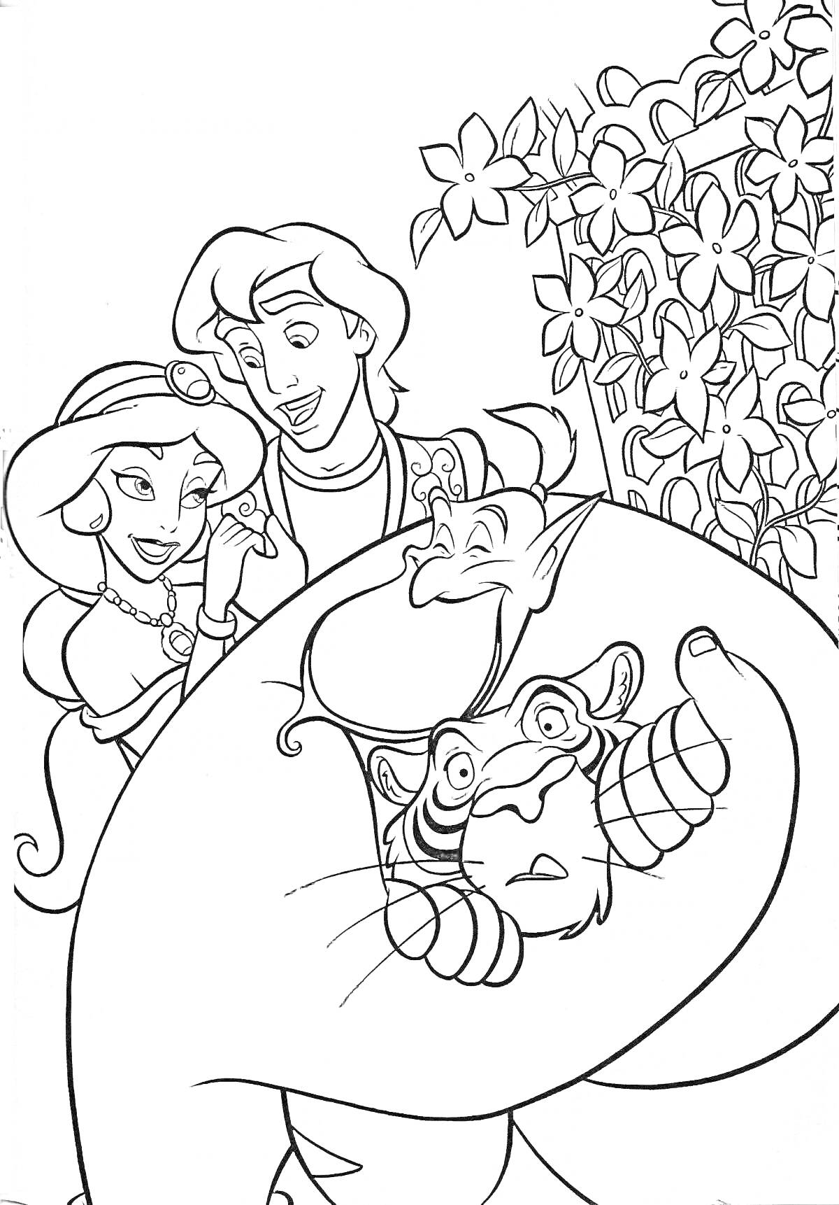 Раскраска Алладин и Жасмин с Джинном и тигром рядом с цветущим кустом