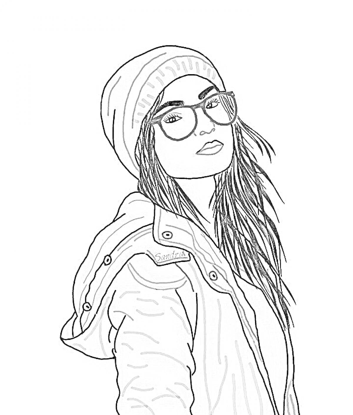 Раскраска Девочка в шапке и очках, с длинными волосами, куртка с капюшоном