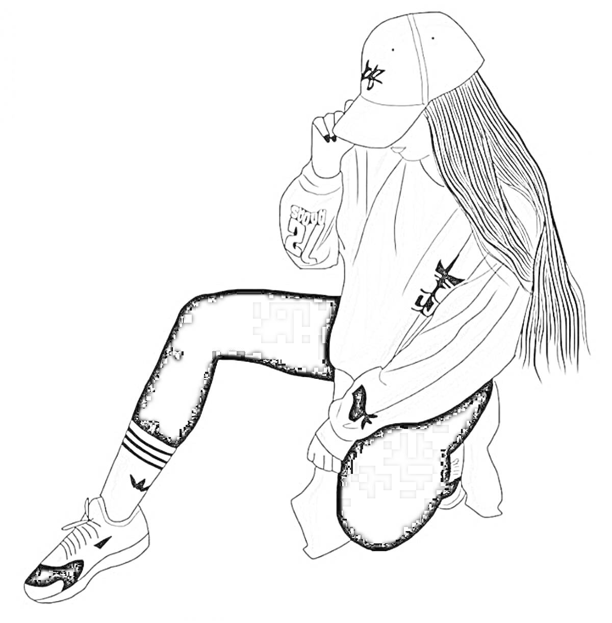 Раскраска Девушка в кепке, свитшоте и леггинсах с длинными волосами и в кроссовках, сидящая на одном колене