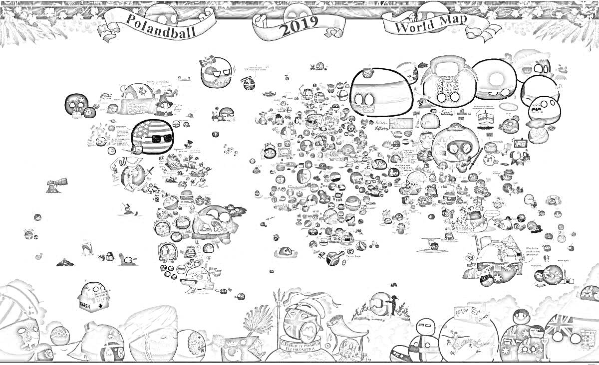 Раскраска Карта мира с countryballs, изображение различных стран в виде круглых персонажей на фоне карты мира, надпись World MAP и Polanball наверху