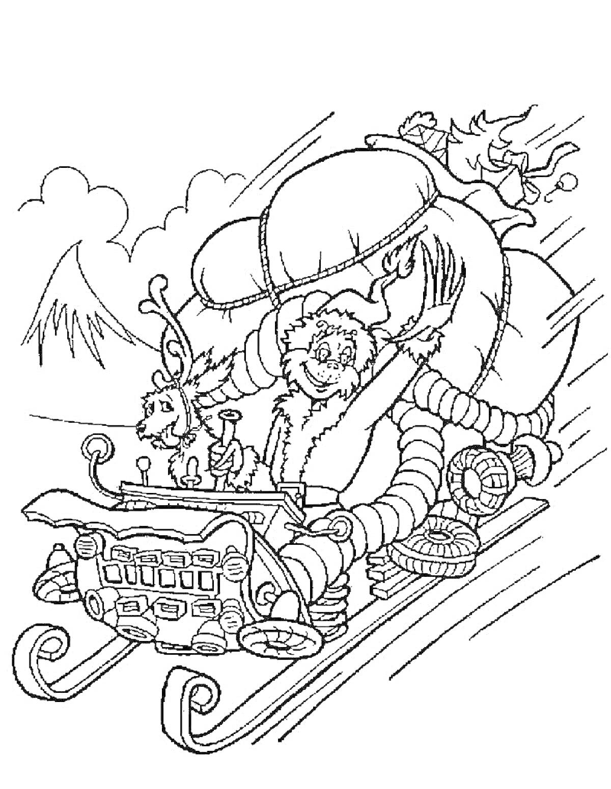 Раскраска Гринч, едущий на санях с оленем, везет мешок с подарками, горы на заднем плане