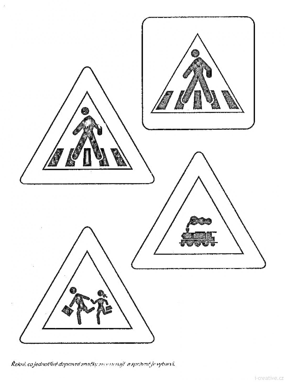 Раскраска Дорожные знаки: Пешеходный переход (квадратный), Пешеходный переход (треугольный), Железнодорожный переход, Дети