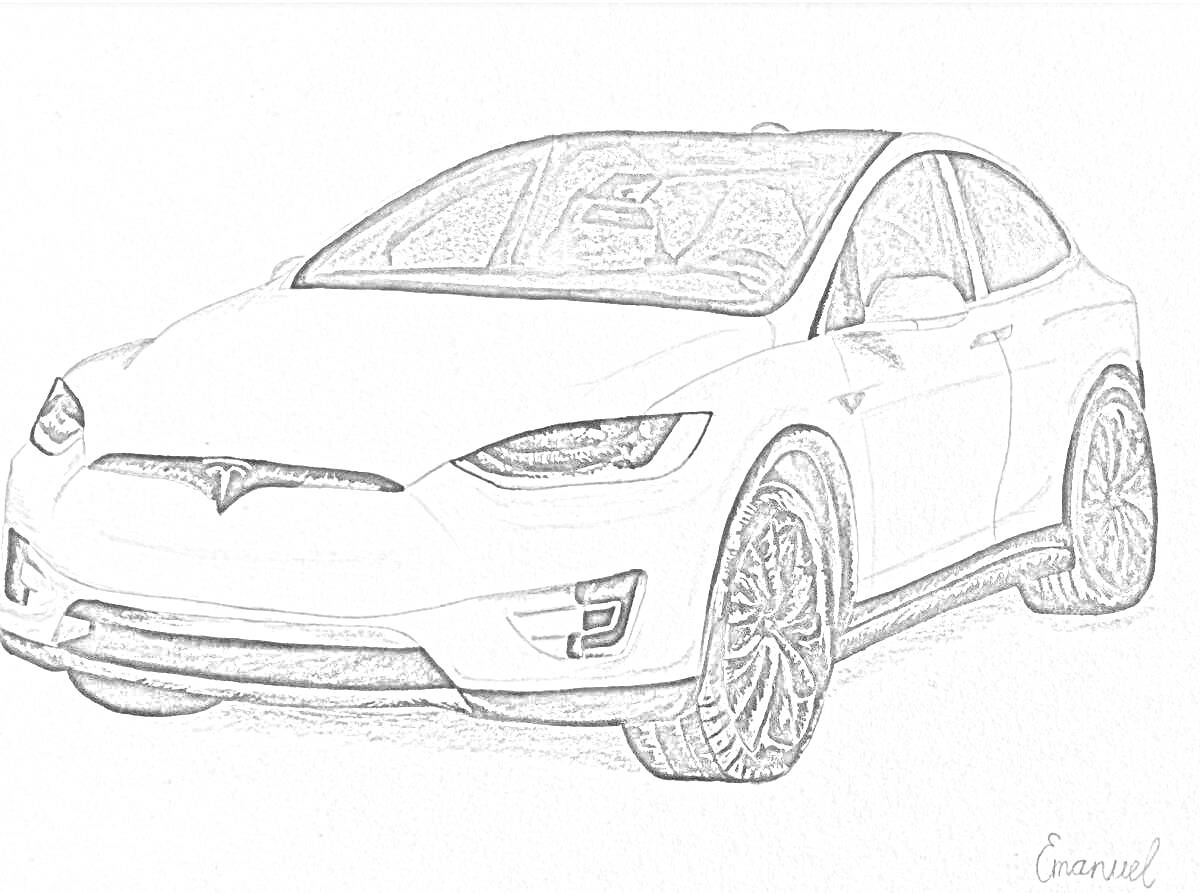 Рисунок автомобиля Tesla Model X, вид спереди и сбоку, белый цвет, черные колеса