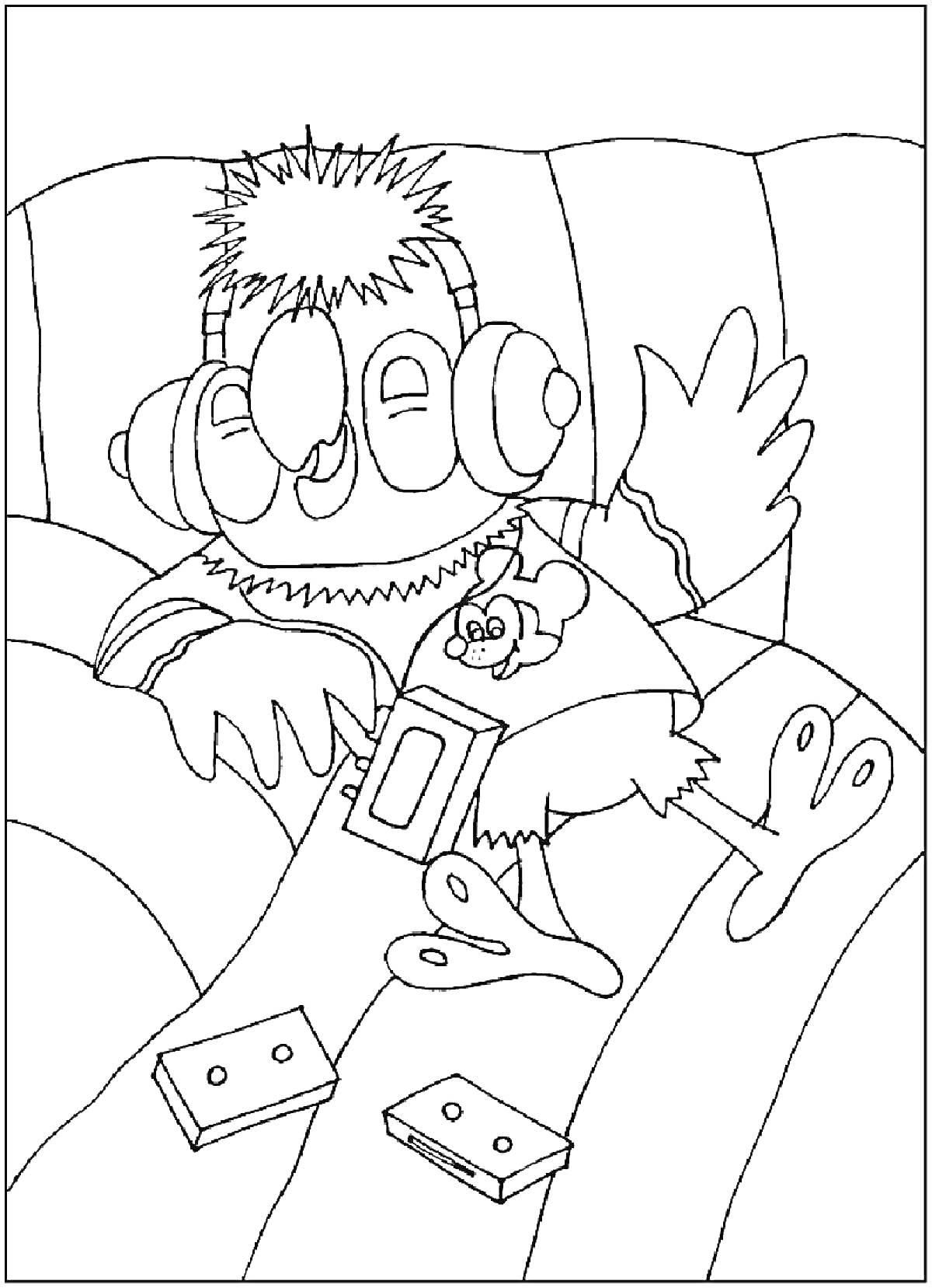 Раскраска Попугай Кеша на диване с наушниками, плеер в руке, аудиокассеты на диване