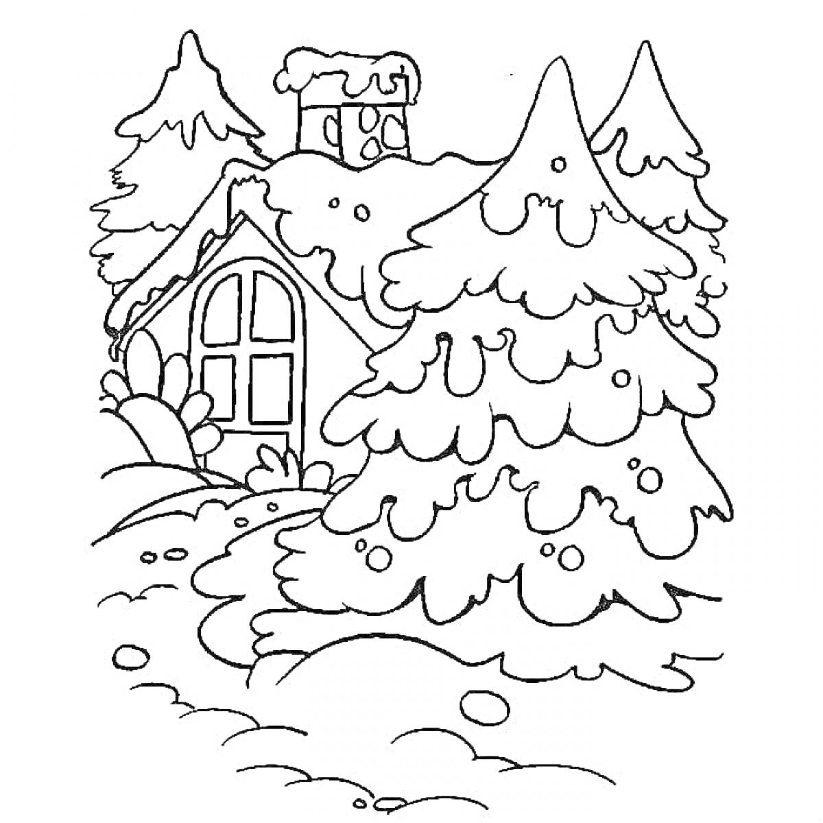 На раскраске изображено: Зимний лес, Домик, Снег, Зимний пейзаж, Природа, Елки