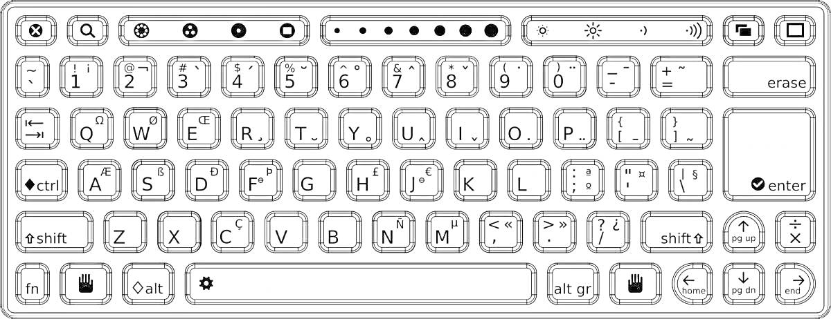Раскраска клавиатуры: функциональные клавиши, буквенные клавиши, цифры, специальные символы, клавиши со стрелками, пробел