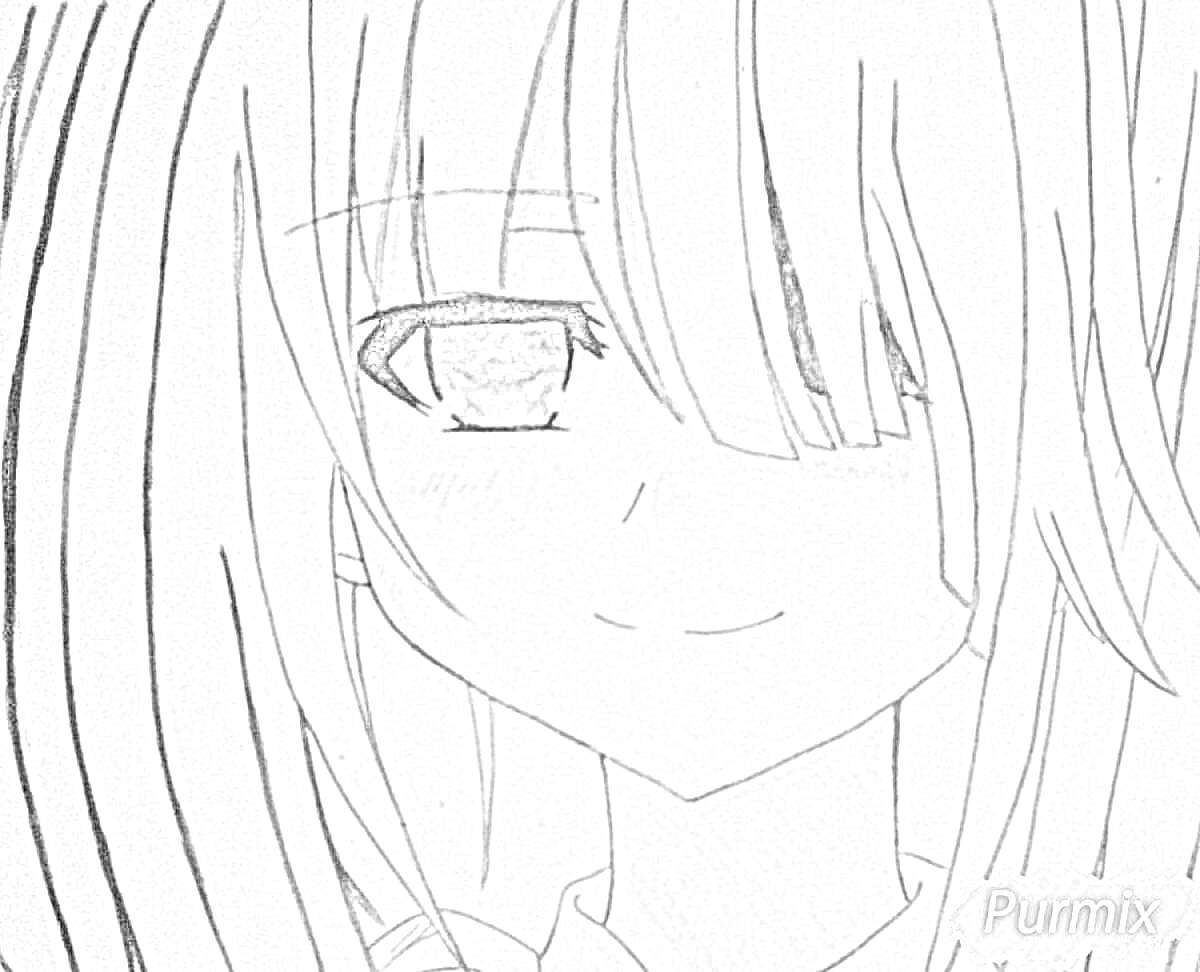 Аниме персонаж с длинными белыми волосами и красными глазами, с улыбкой