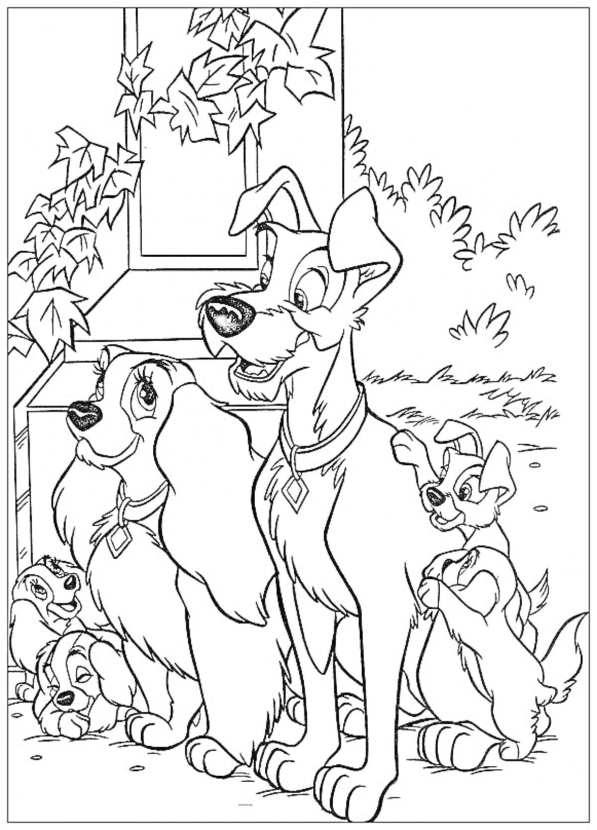 Леди и Бродяга перед домом с щенками и лианами на стене