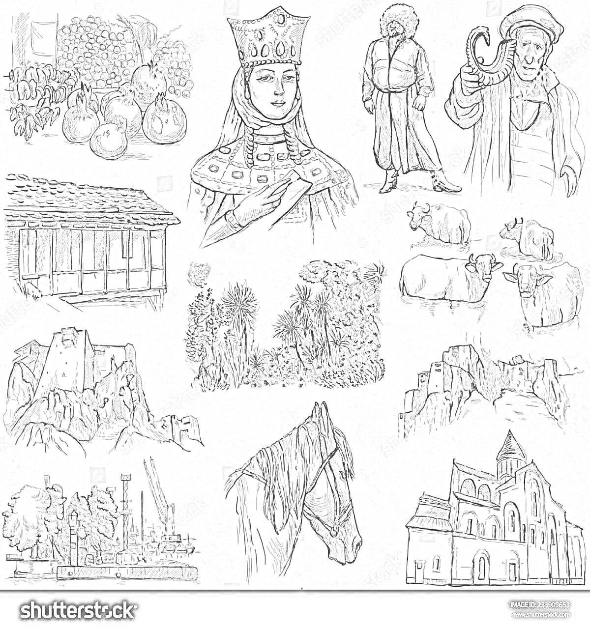 На раскраске изображено: Грузия, Культура, Архитектура, Природа, Традиции, Скалы, Храм, Королева, Виноград