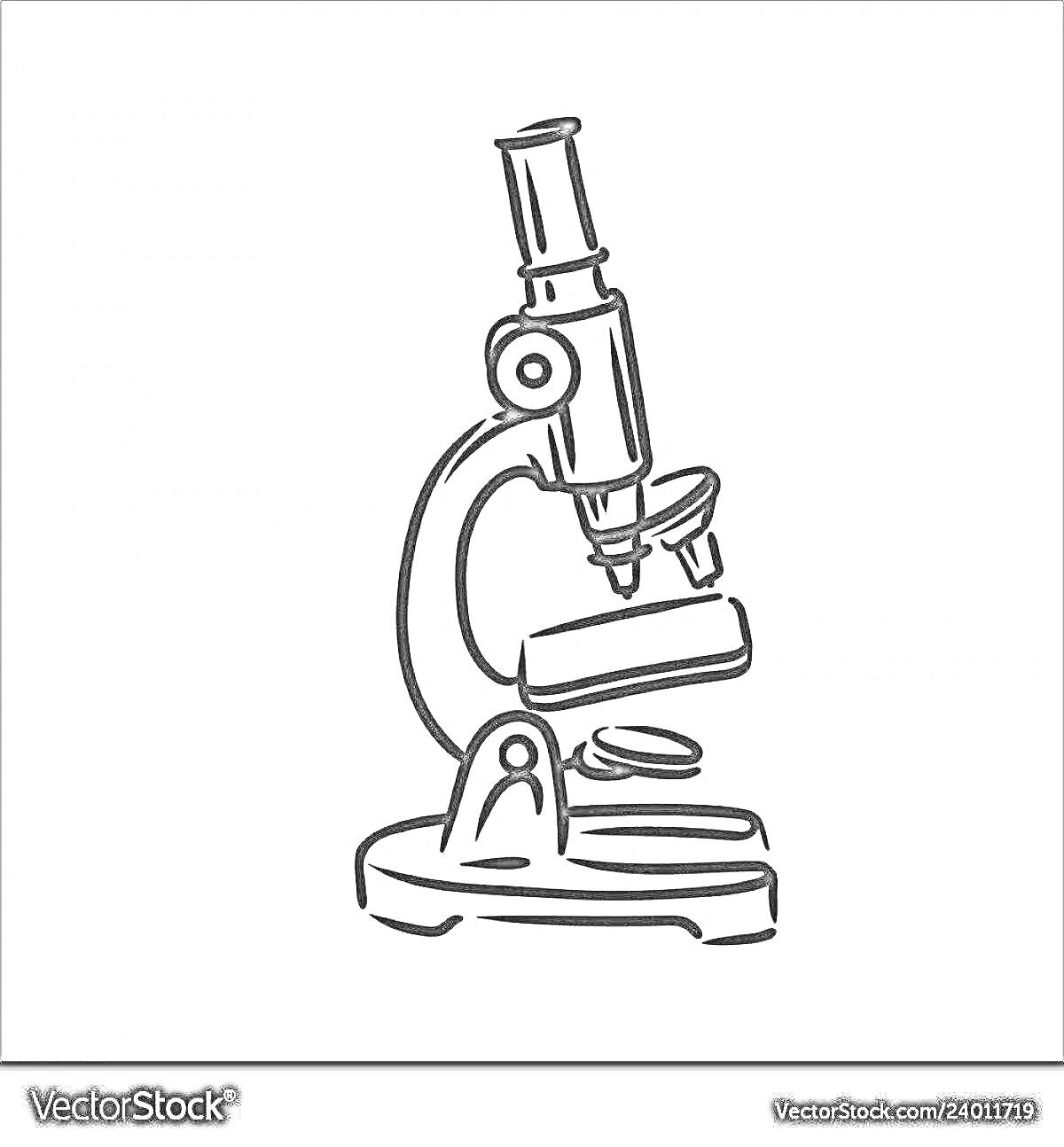 Раскраска Микроскоп с окуляром, тубусом, револьвером для объектива, объективами, предметным столиком и основанием.
