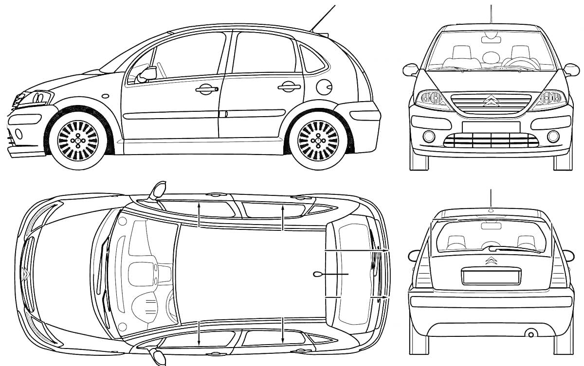 Раскраска Чертеж легкового автомобиля Citroën с видами спереди, сзади, сбоку и сверху