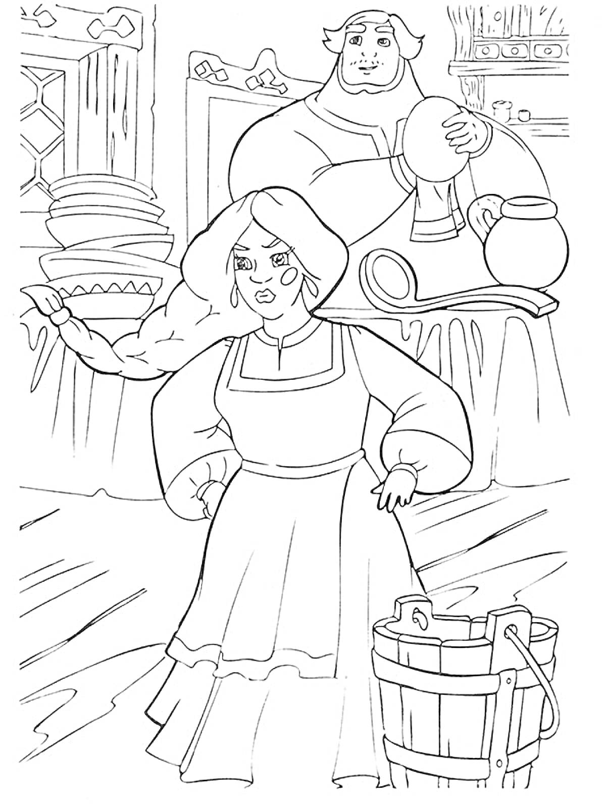 На раскраске изображено: Три богатыря, Женщина, Богатырь, Кухня, Посуда, Цветочные мотивы, Для детей, Ведёрко