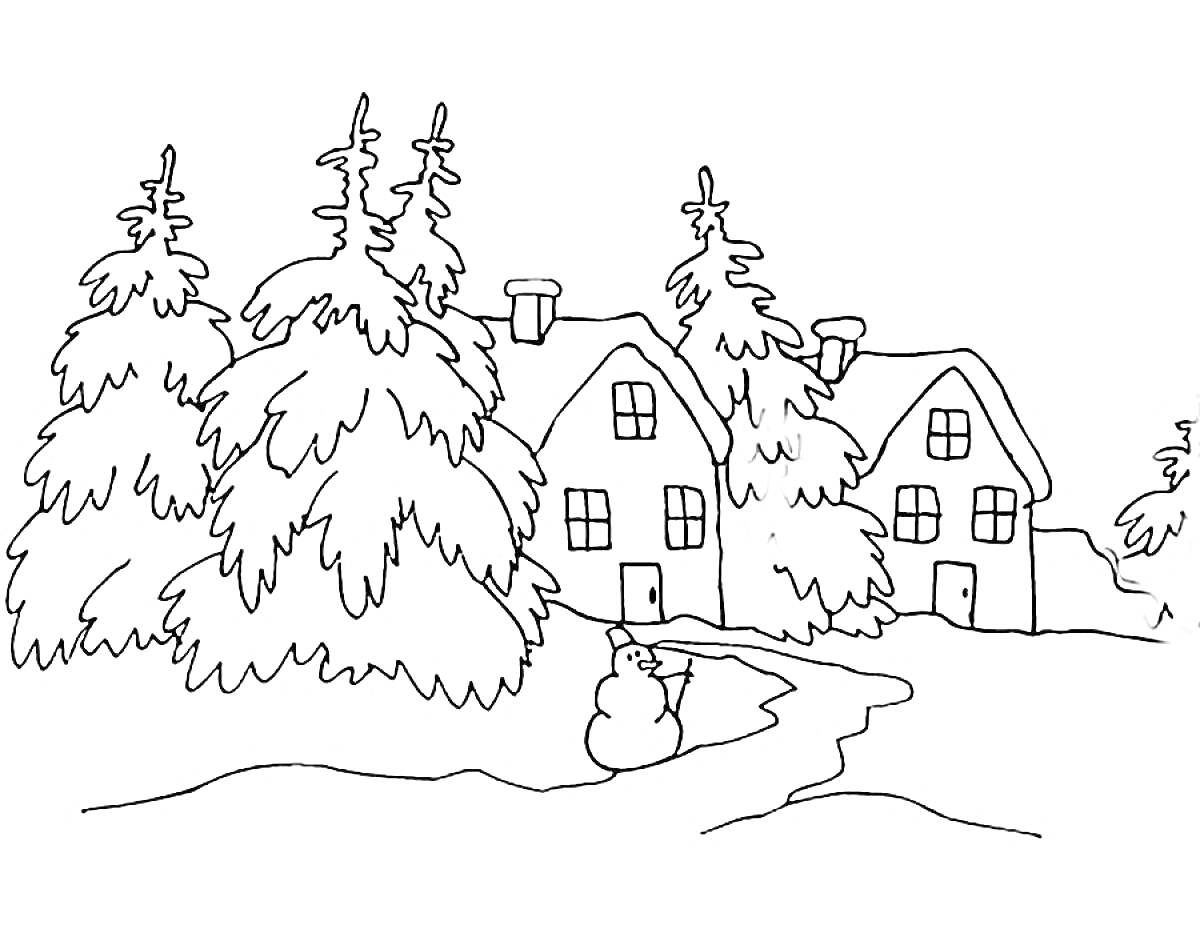 Раскраска Дома среди ёлок в зимнем лесу с снеговиком на переднем плане