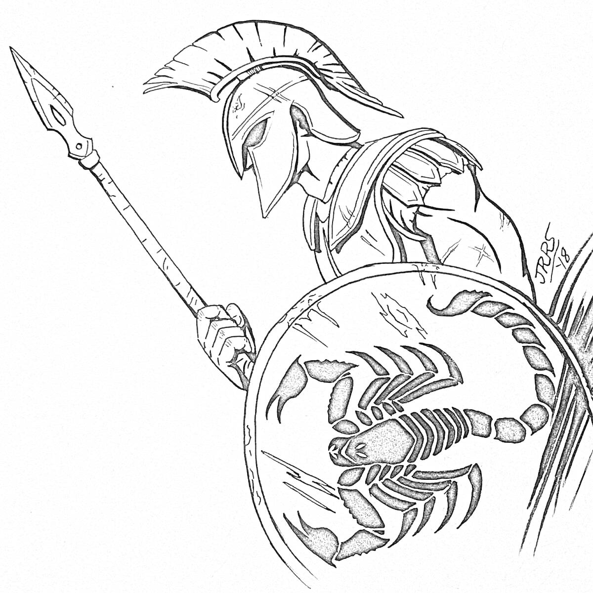 Раскраска Спартанец с копьем и щитом с изображением скорпиона