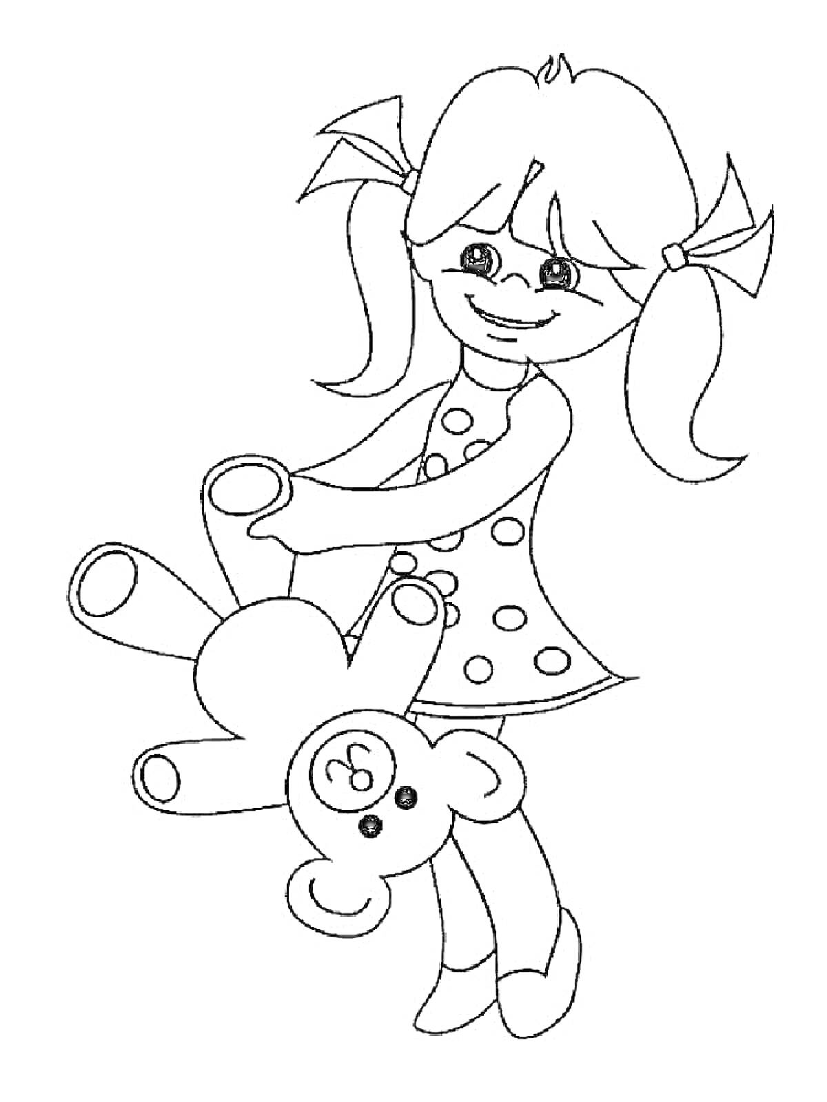 Раскраска Девочка с косичками в платье с горошком, держащая плюшевого мишку