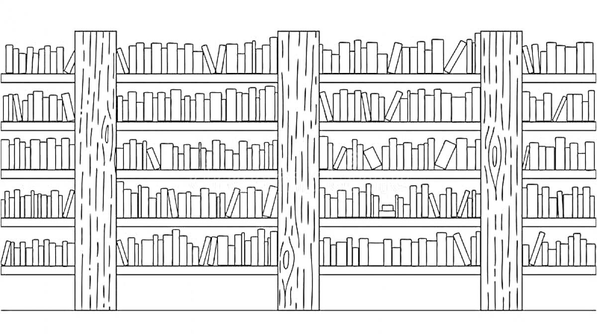 книжная полка с множеством книг, состоящая из трех секций с деревянными опорами