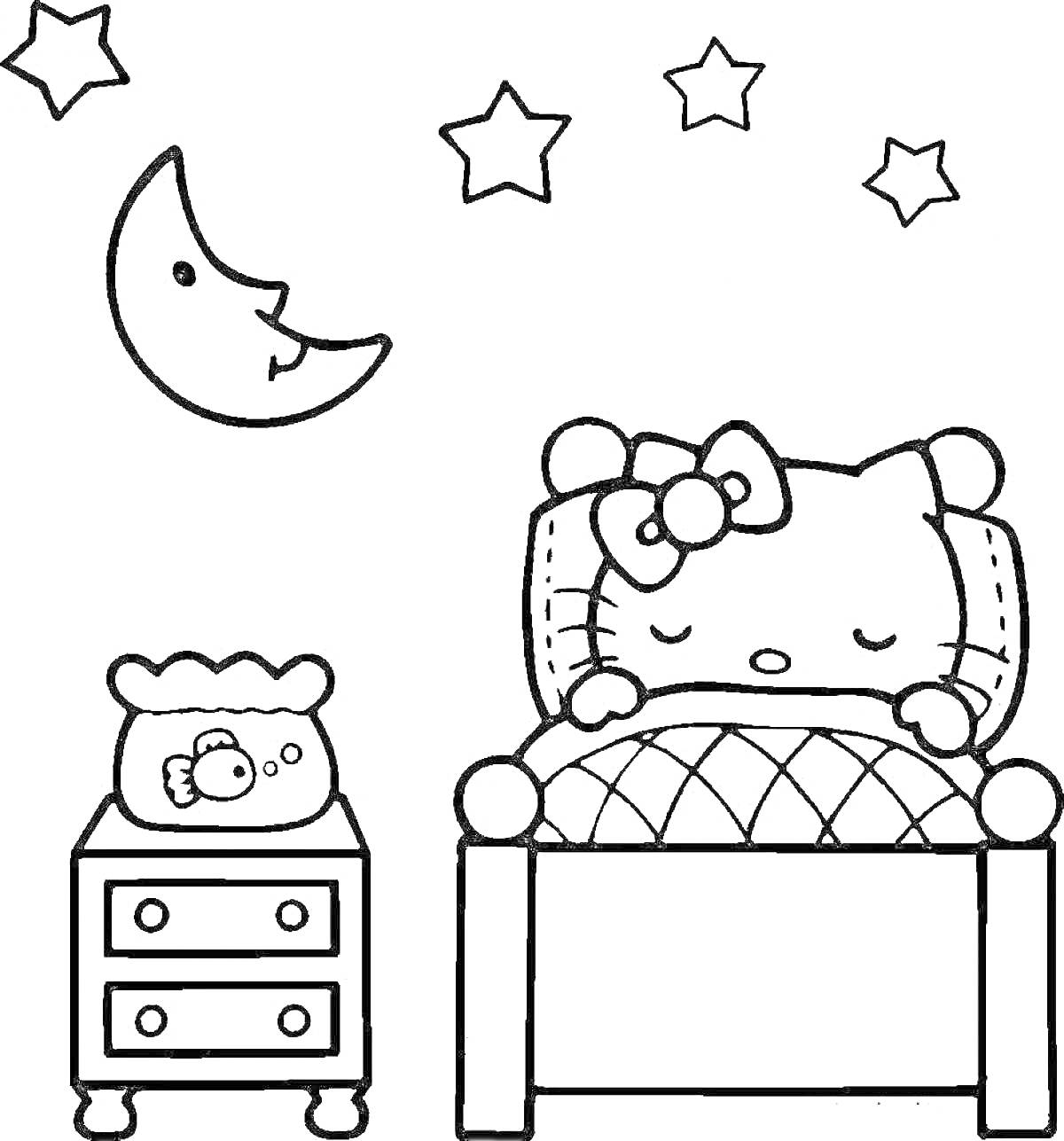 Раскраска Кроватка с котенком, спящим с бантиком, луна, звезды, аквариум с рыбкой, тумбочка с ящиками