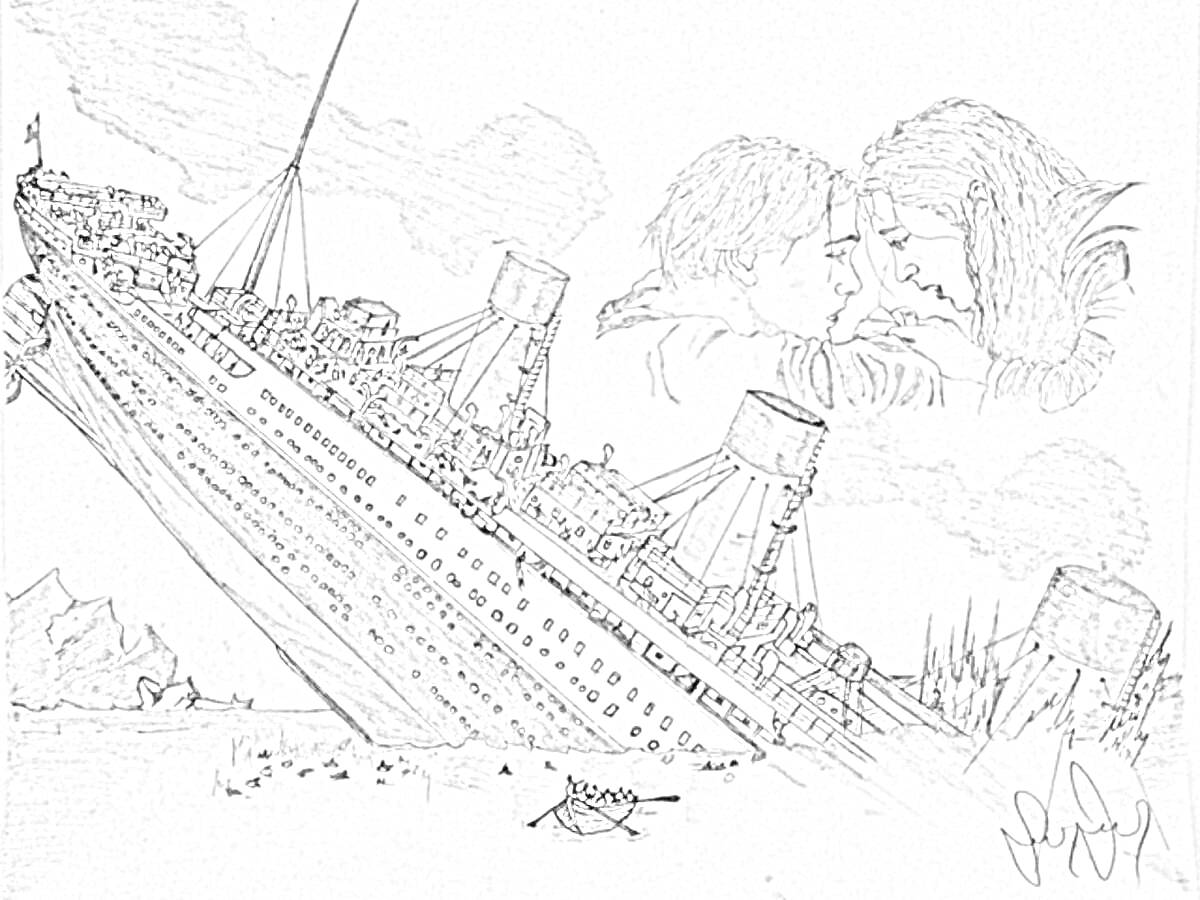 На раскраске изображено: Титаник, Корабль, Айсберг, Вода, Катастрофа, Море, Пара