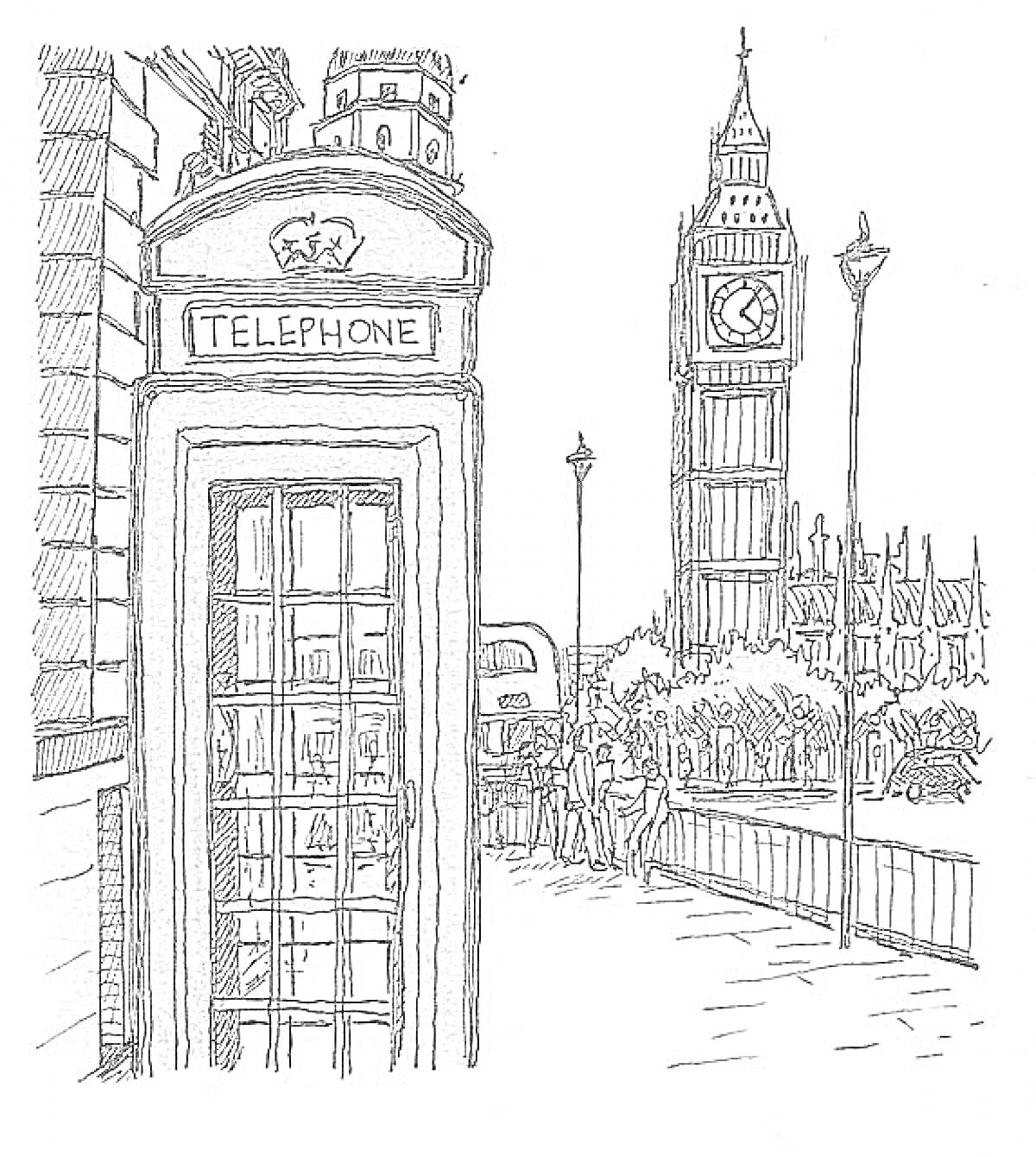 Раскраска Телефонная будка, автобус, люди, фонарные столбы, часы на башне, деревья, ограждение