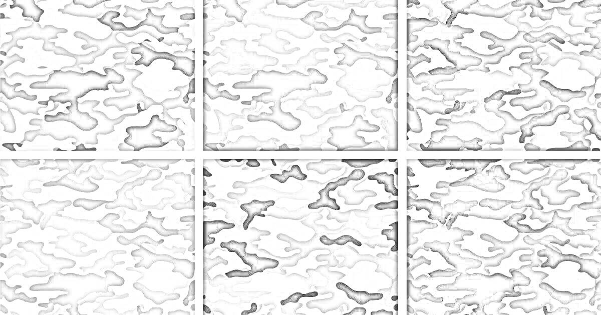 Раскраска Шесть видов камуфляжного окраса в серых тонах
