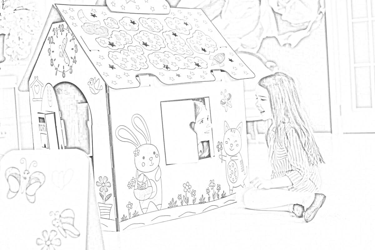 Раскраска Девочка с длинными волосами раскрашивает картонный дом с изображением кролика и цветами, ребенок выглядывает из окна, вокруг игрушки и рисунки
