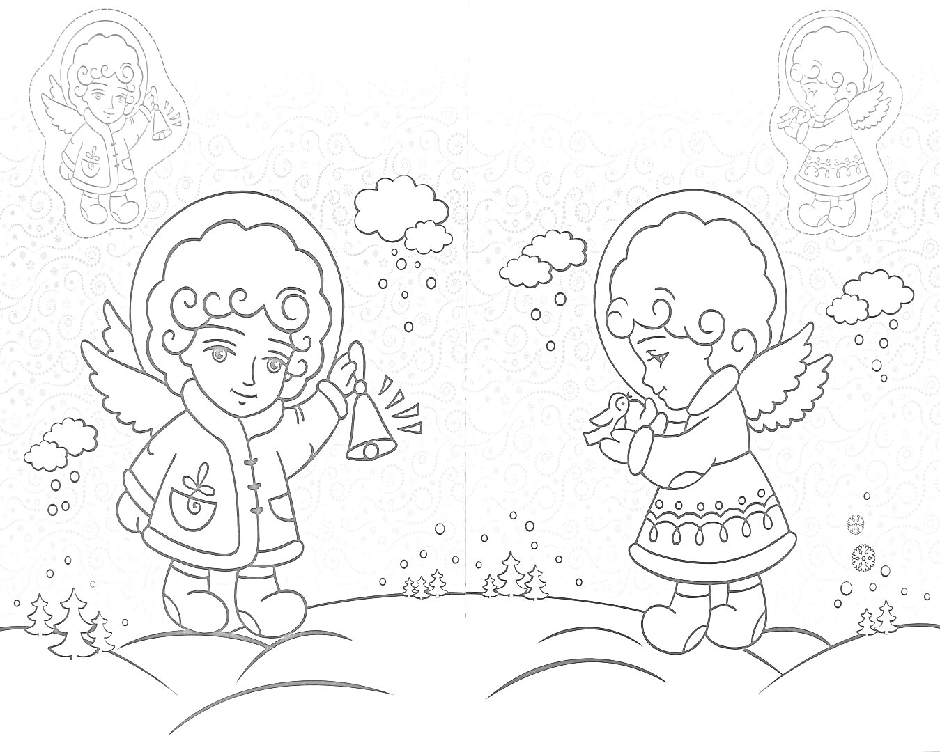 Раскраска Два ангела на облаках, один играет на колокольчике, другой держит свечу, фоны с изображением ангелов и облаков