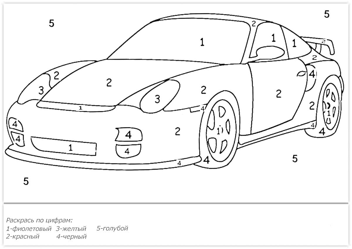 Раскраска Раскраска - гоночная машина. Элементы: корпус автомобиля, капот, стекла, колеса, фары, спойлер.