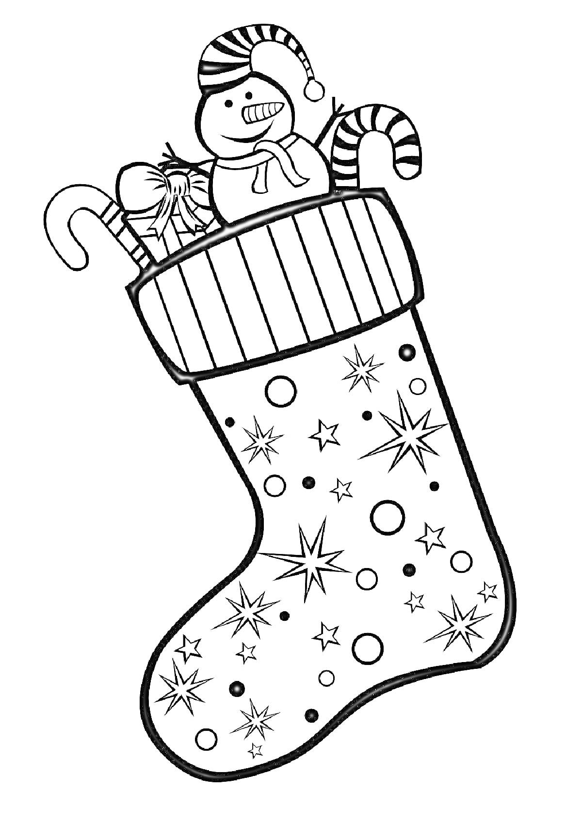 Раскраска Рождественский носок с елочной игрушкой-снеговиком, леденцами и конфетами